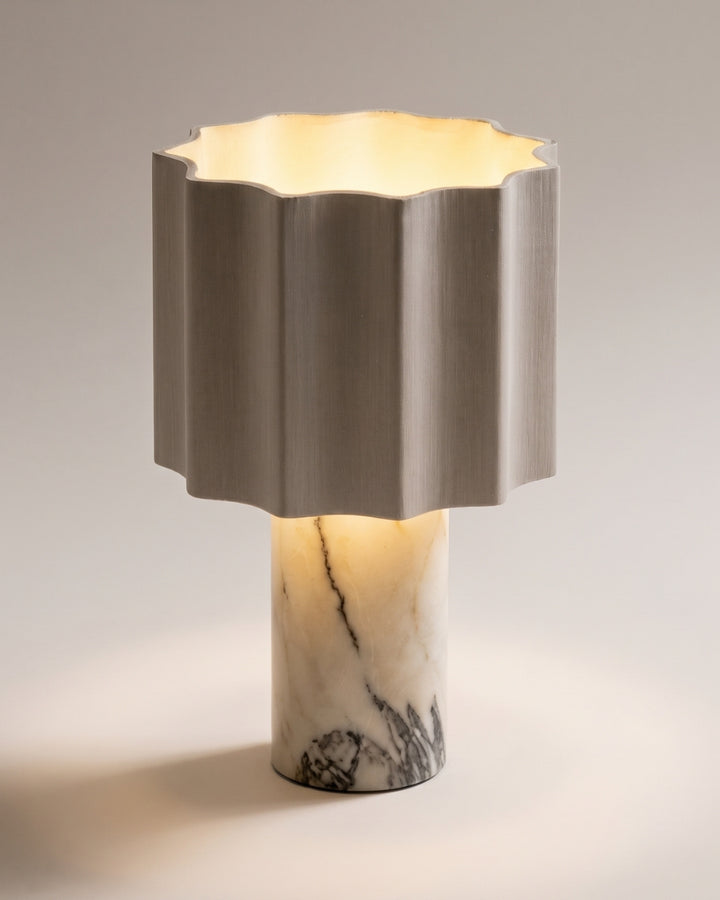 Karlen table lamp, softly rounded shade on a sculptural base