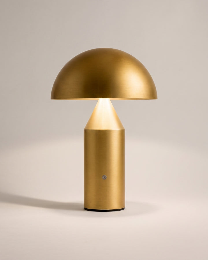 Olfen cordless table lamp in gold, domed shade on a slender stem