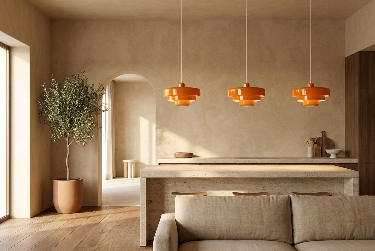Open-plan kitchen with three pendant lights over the island