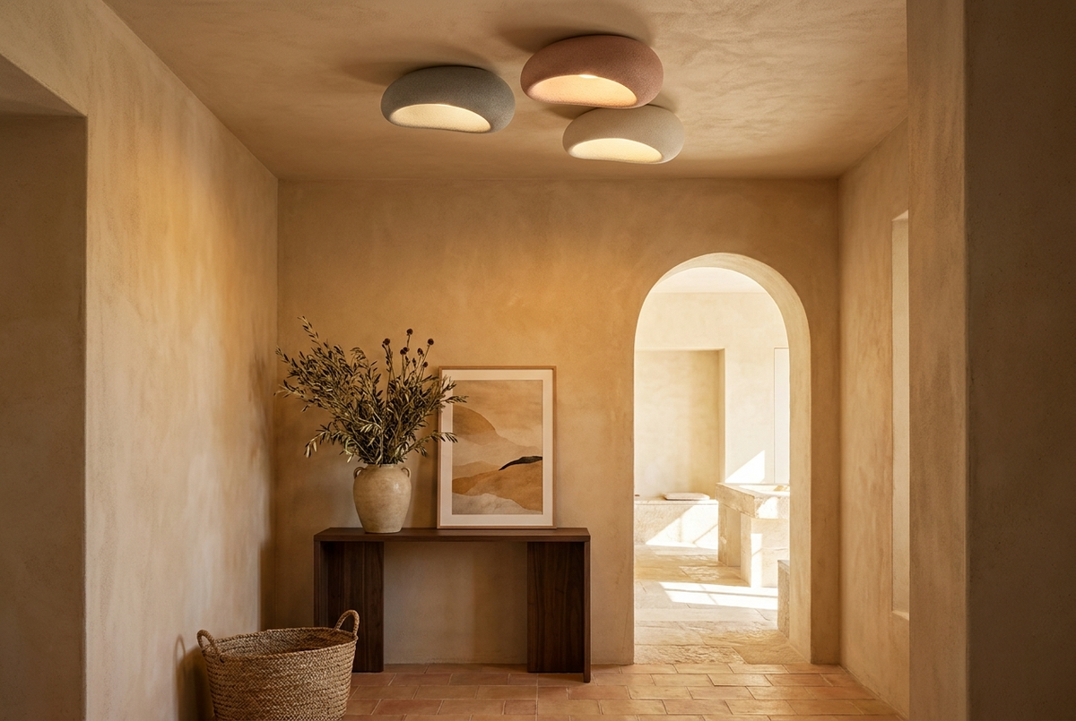 Warm living space lit by flush ceiling lights