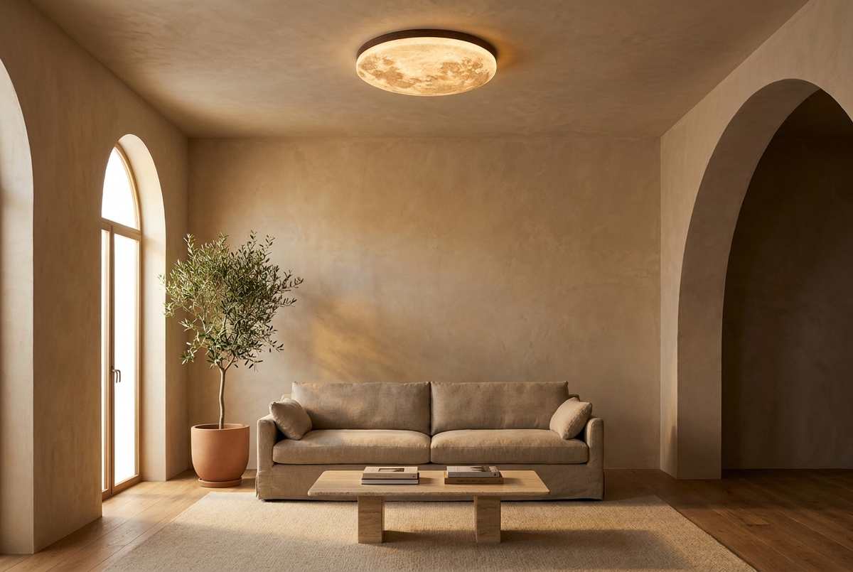 Arched living room with a round flush ceiling light above the sofa