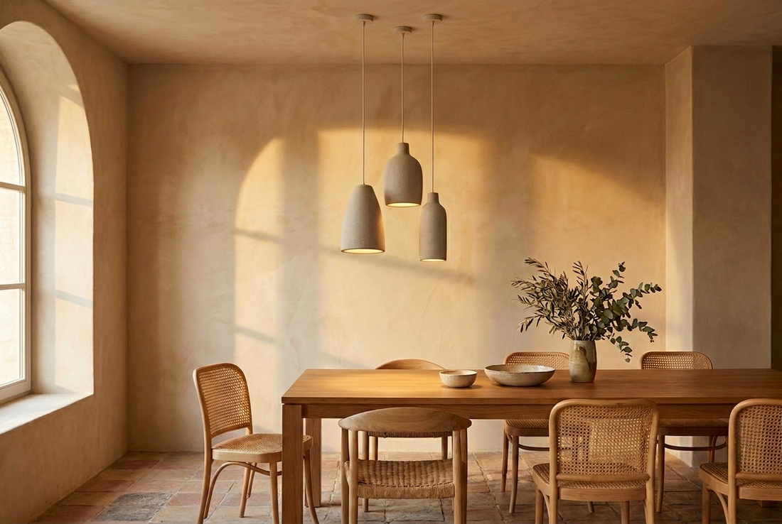 Dining room with pendant lights hanging above the table