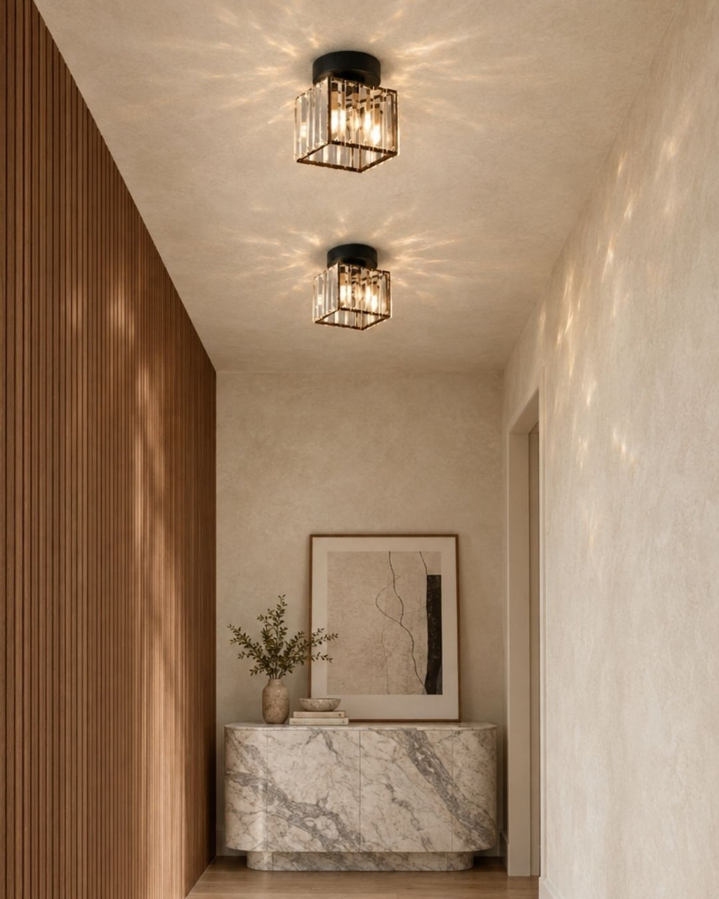Amia ceiling light, square shape in black, two fixtures above a buffet in a hallway at home