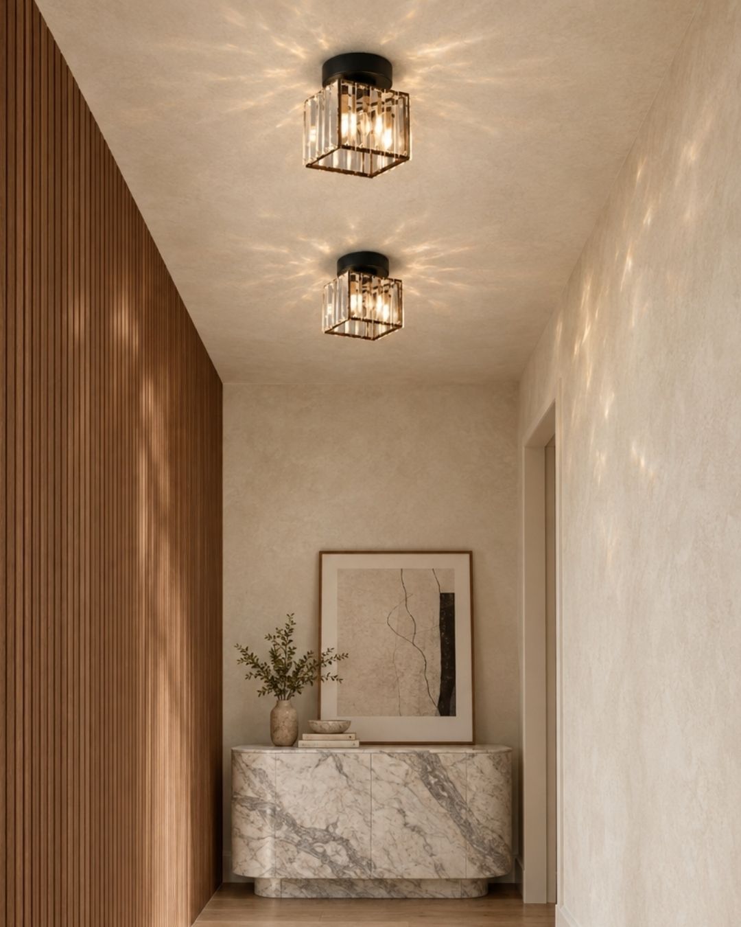 Amia ceiling light, square shape in black, two fixtures above a buffet in a hallway at home