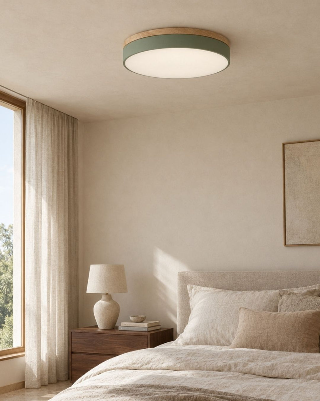 Feno ceiling light in green, above a bed at home