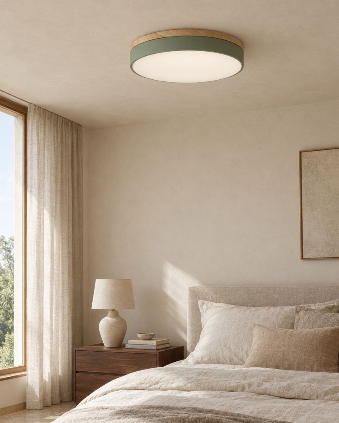 Feno ceiling light in green, above a bed at home
