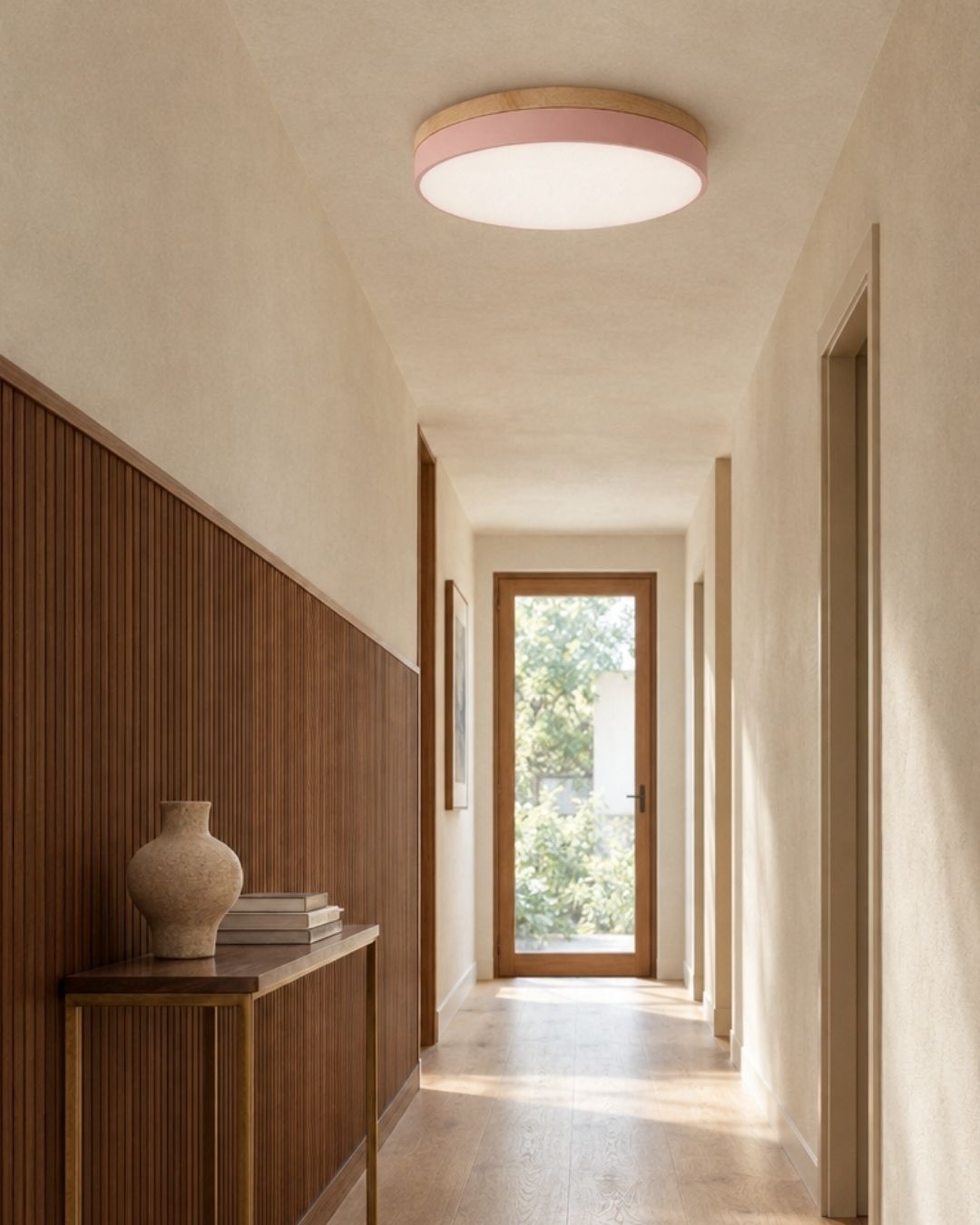 Feno ceiling light in pink, above a hallway at home