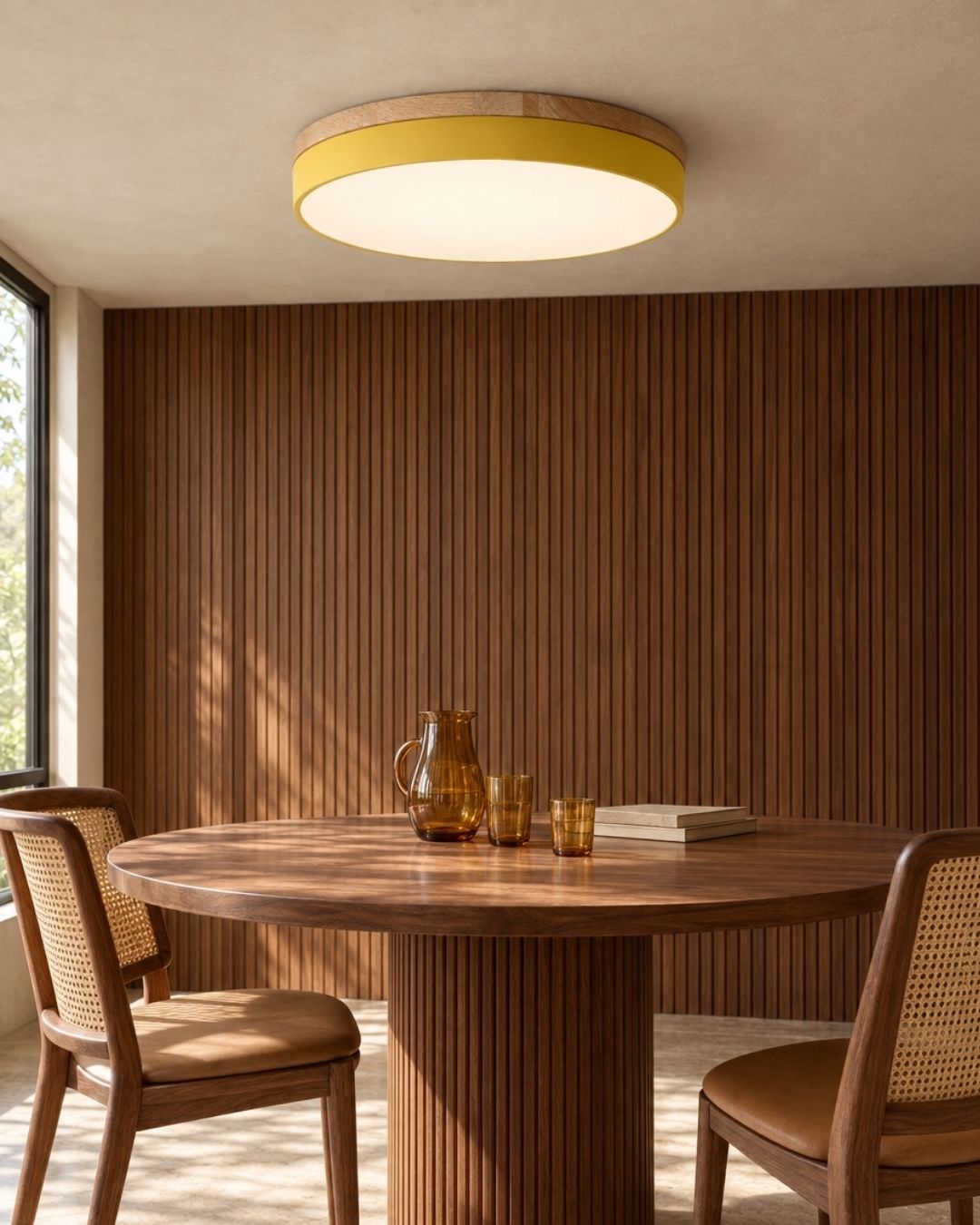 Feno ceiling light in yellow, above a table in a dining room