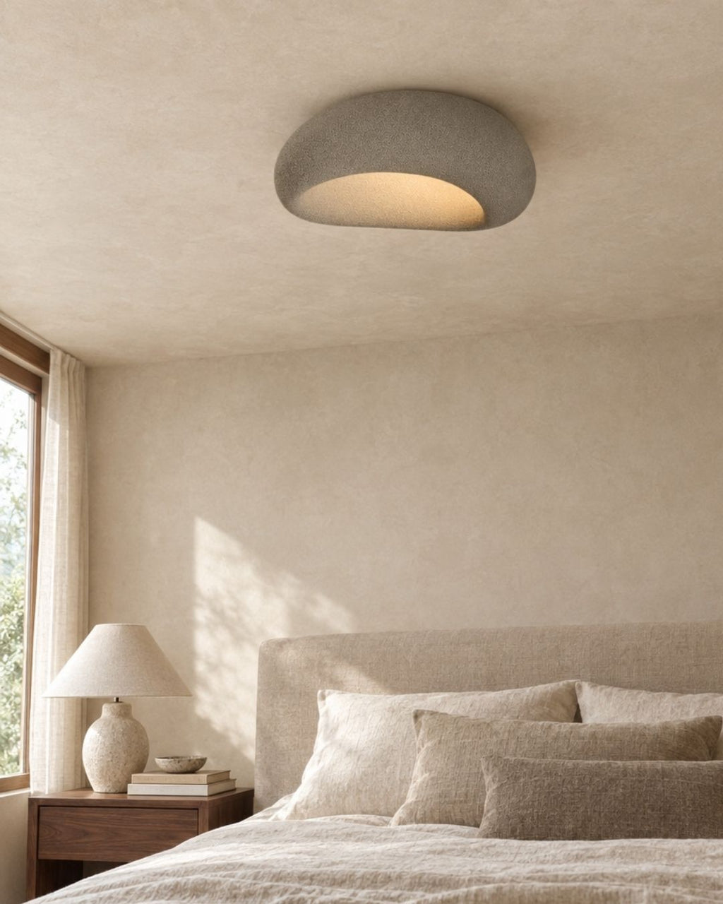 Luna ceiling light in grey, above a bed at home in a bedroom