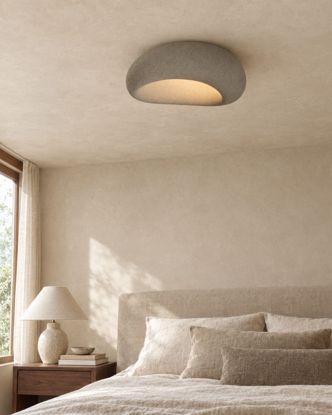 Luna ceiling light in grey, above a bed at home in a bedroom