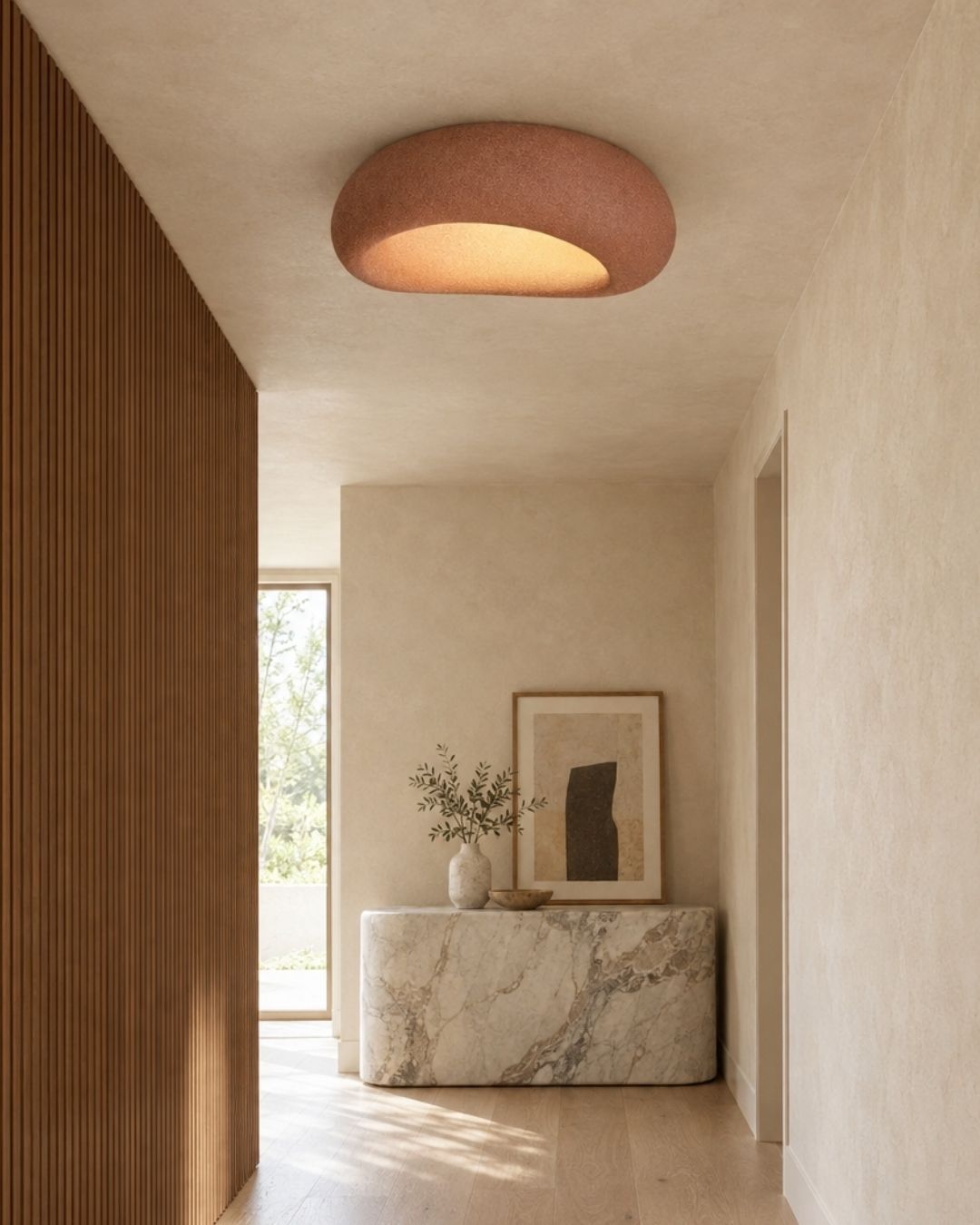 Luna ceiling light in red, in a hallway with marble and wood