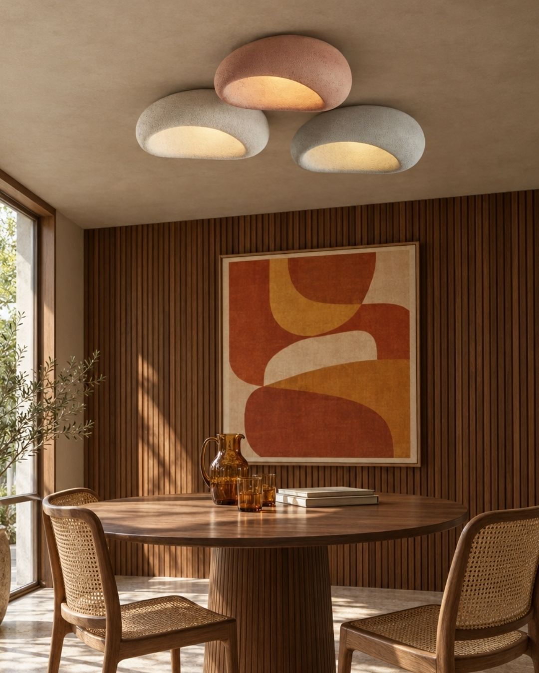 Luna ceiling light, trio in grey, white and red, above a dining table with artwork and wood