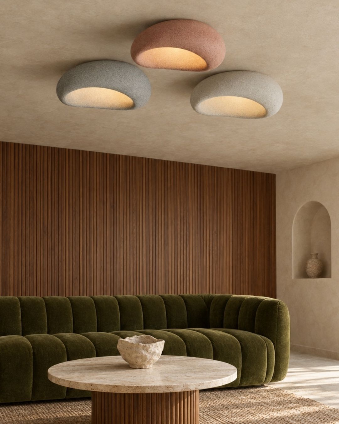 Luna ceiling light, trio in grey, white and red, above a sofa in a living room