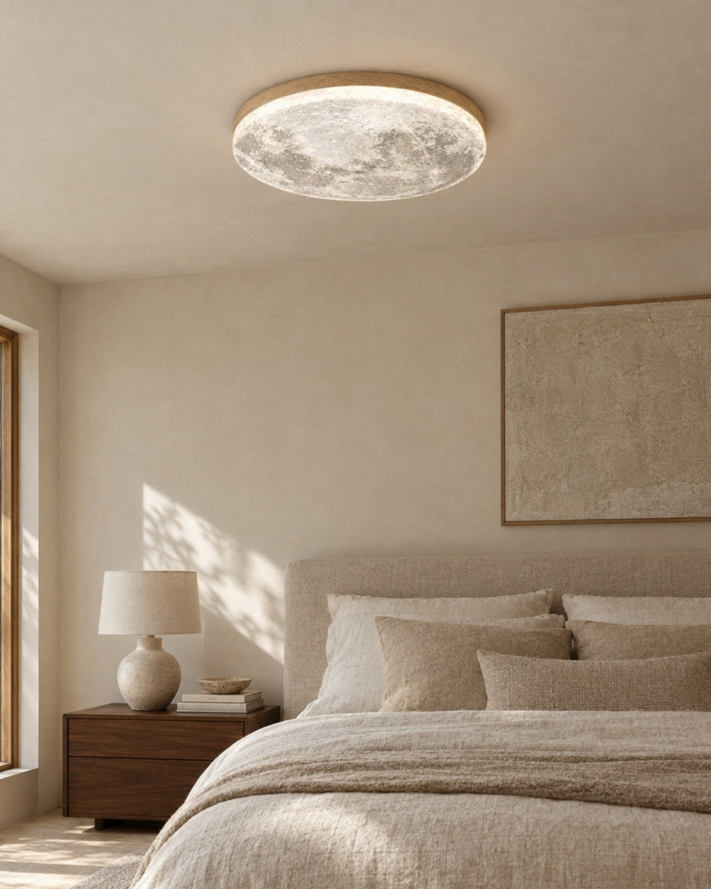 Erva ceiling light in cold wood, lit above a bed in a bedroom
