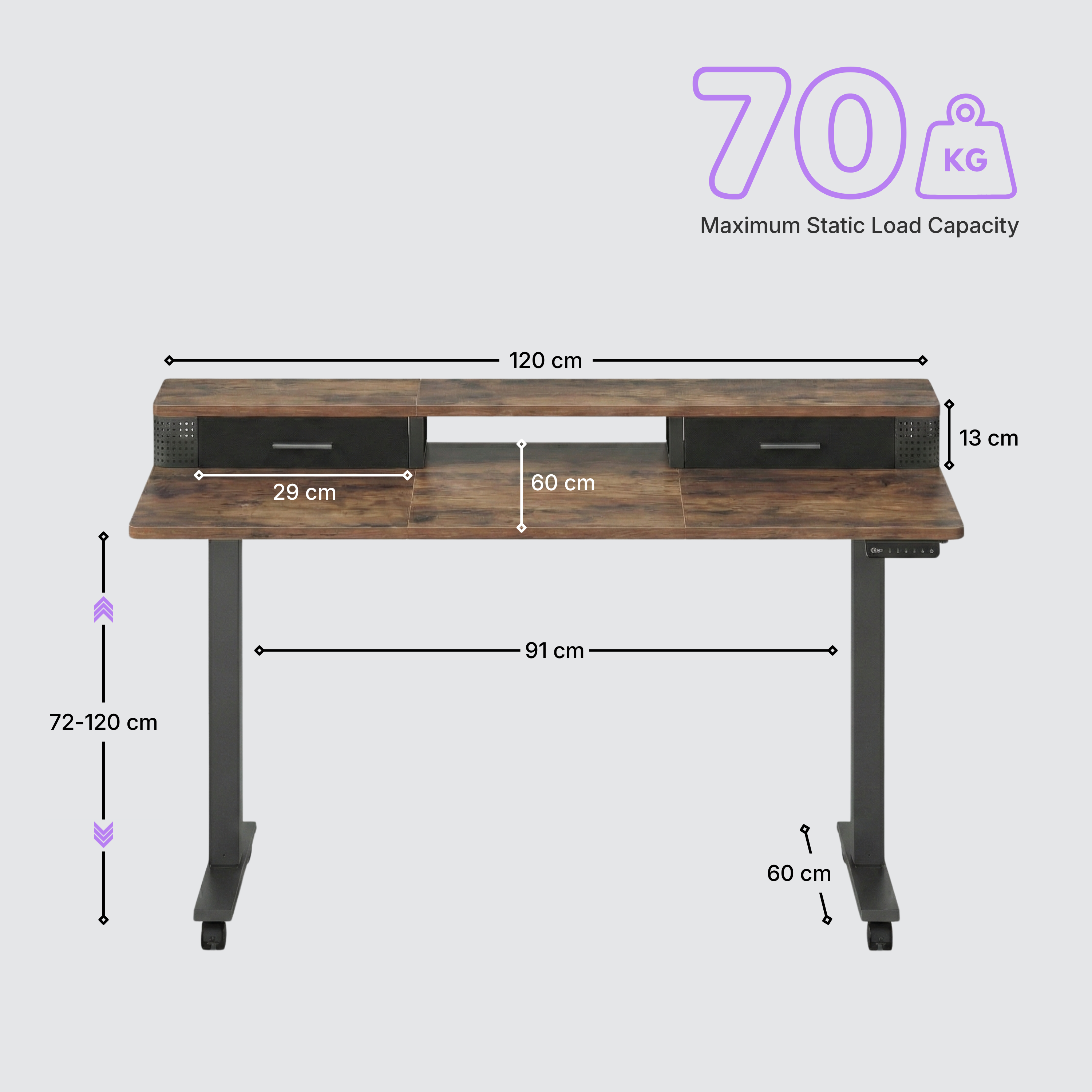 Electric standing desk Deskon 120x60 in brown, Height electric adjustable, dimension and Load Capacity
