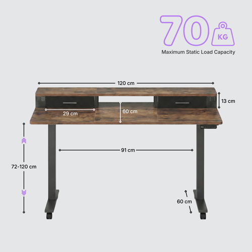 Electric standing desk Deskon 120x60 in brown, Height electric adjustable, dimension and Load Capacity