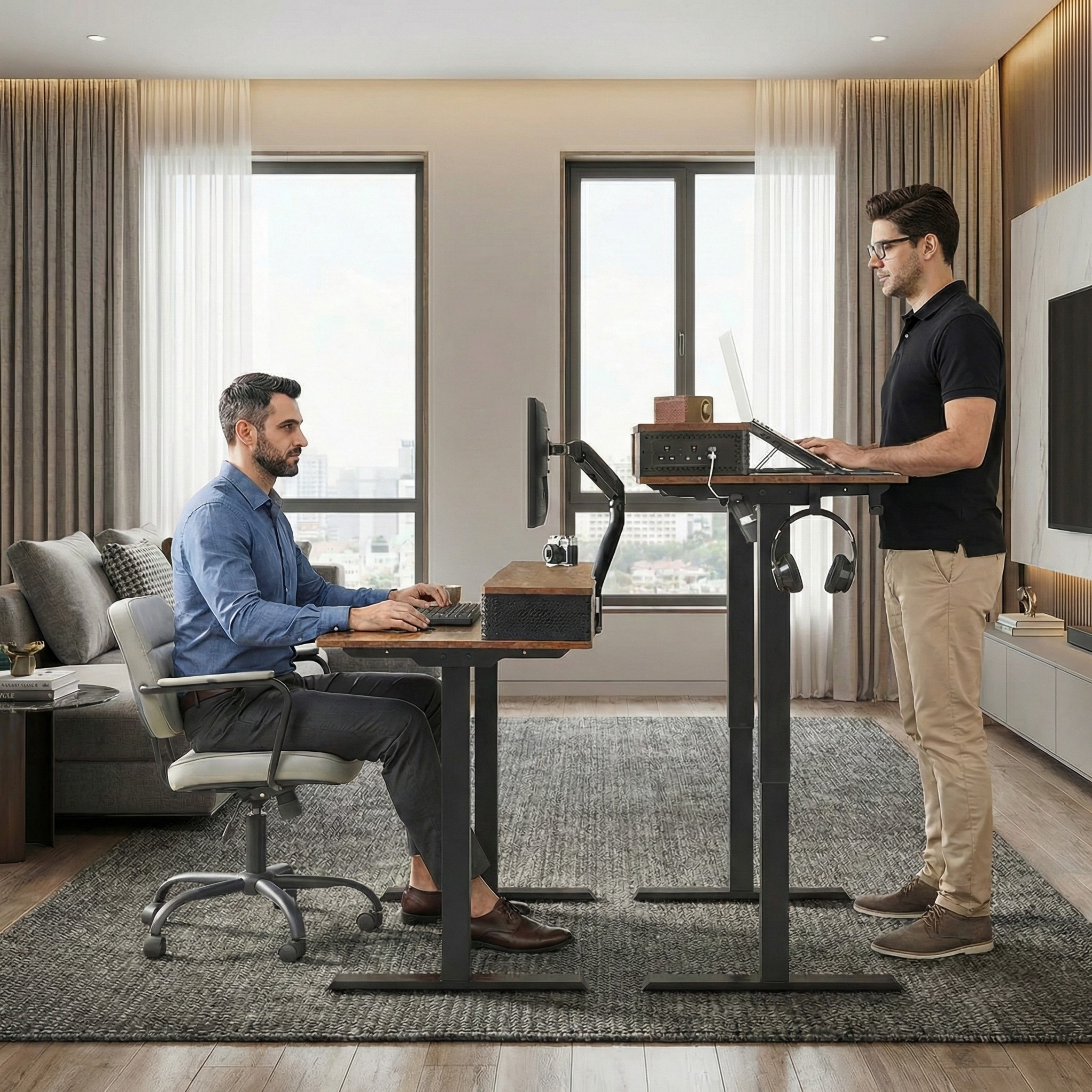 Sitting and standing positions for the electric standing desk.