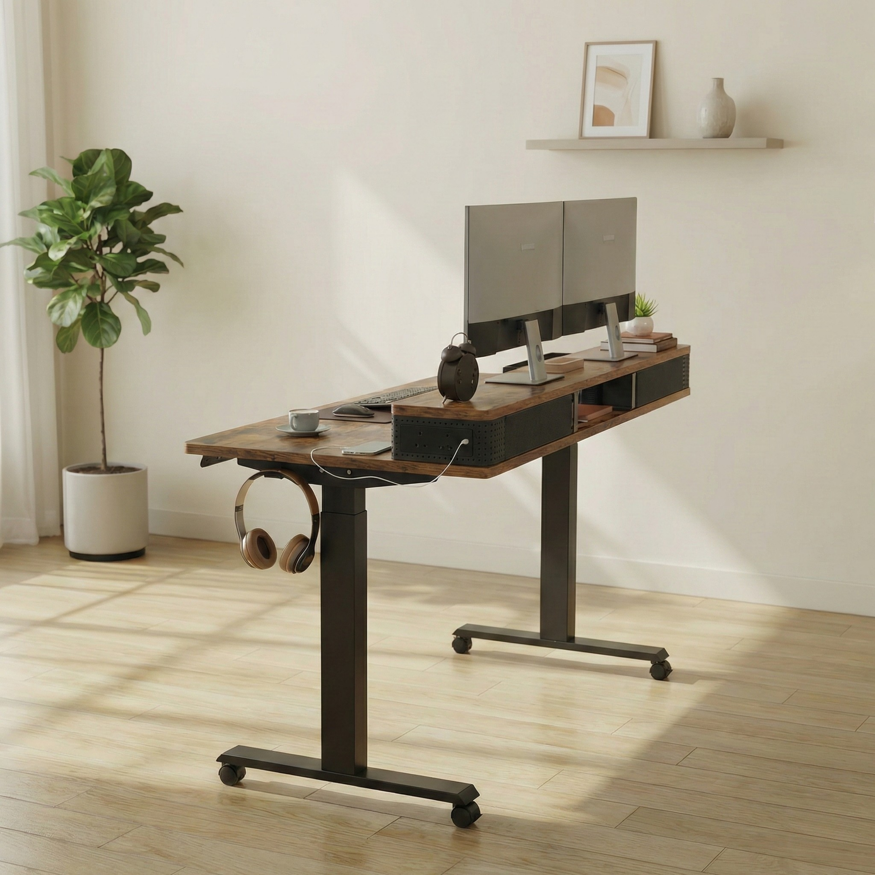 Electric standing desk Deskon in brown, Built-in Power Strip, Height electric adjustable, office view