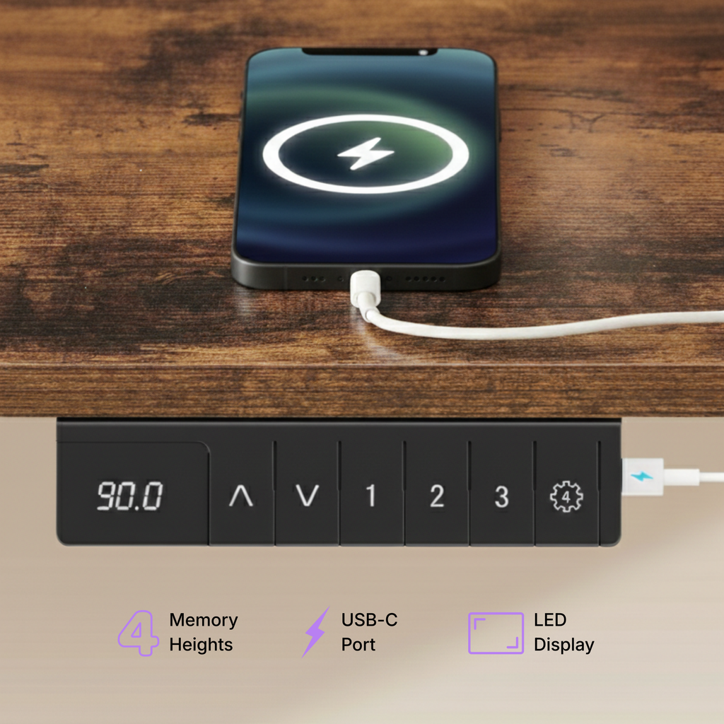 The multifunction controller of the Deskon Electric Standing desk with built-in power strip