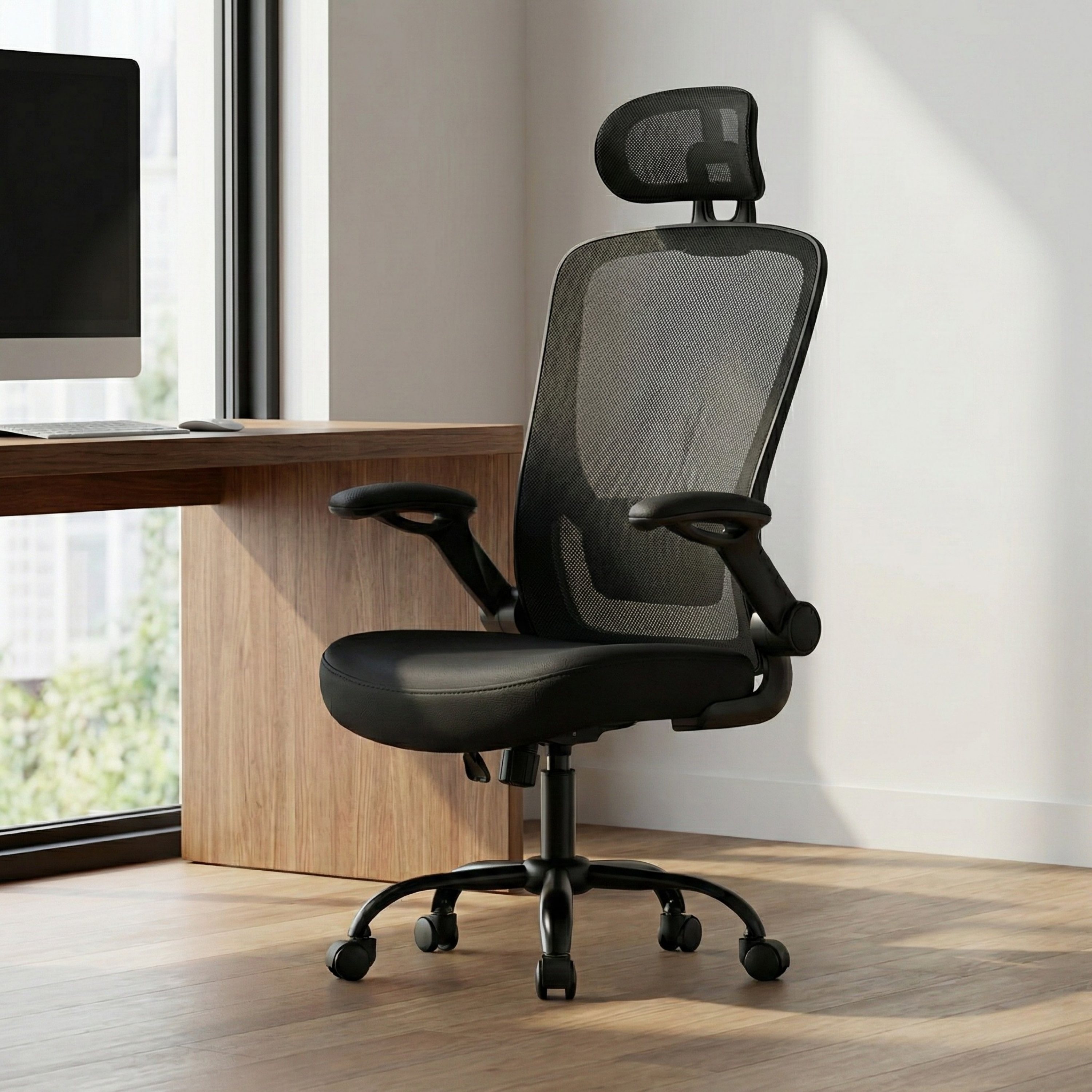 Deskon ergonomic chair, in black color with headrest, in a modern office 