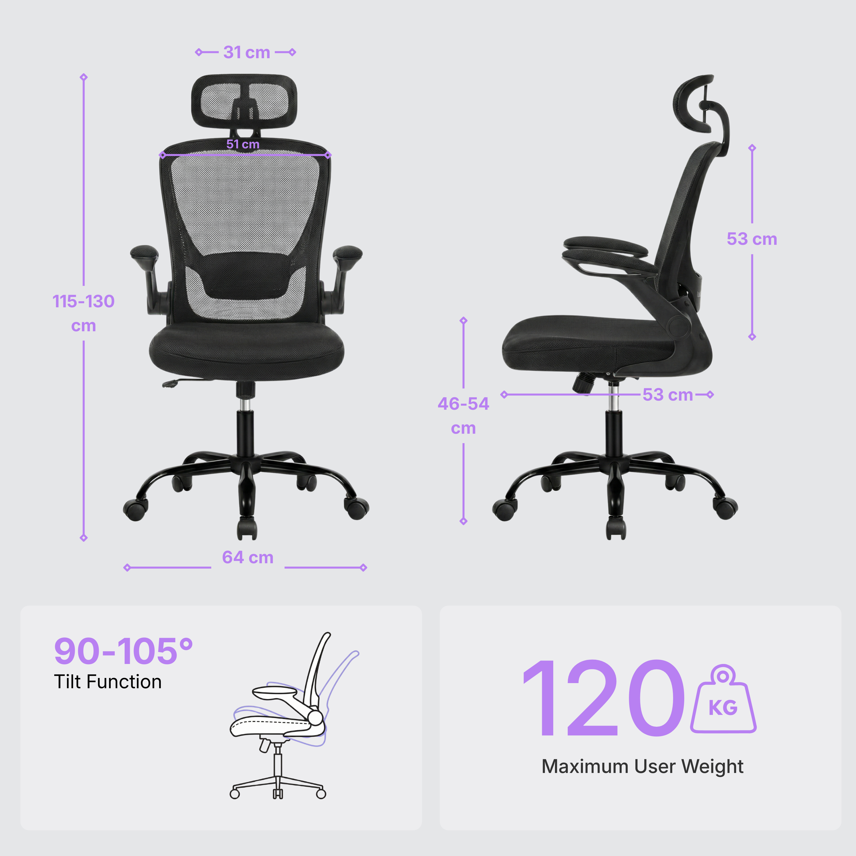 Deskon ergonomic chair, information on dimension, user weight and tilt function
