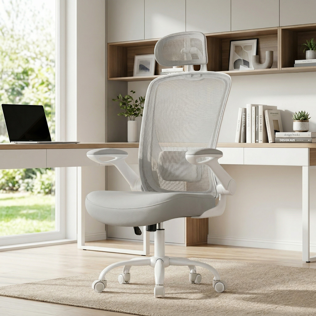 Deskon ergonomic chair, in grey color with headrest, in a modern office 