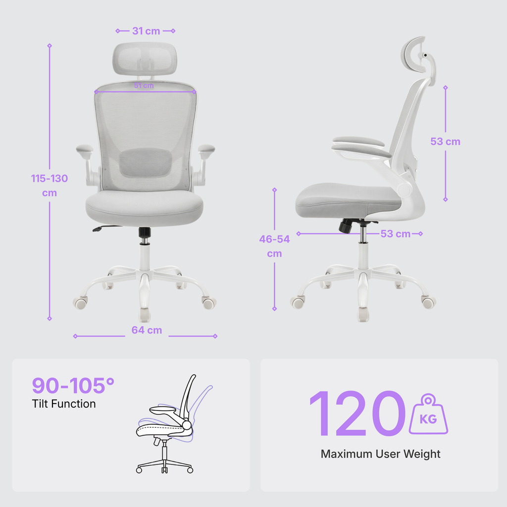Deskon grey ergonomic chair, information on dimension, user weight and tilt function