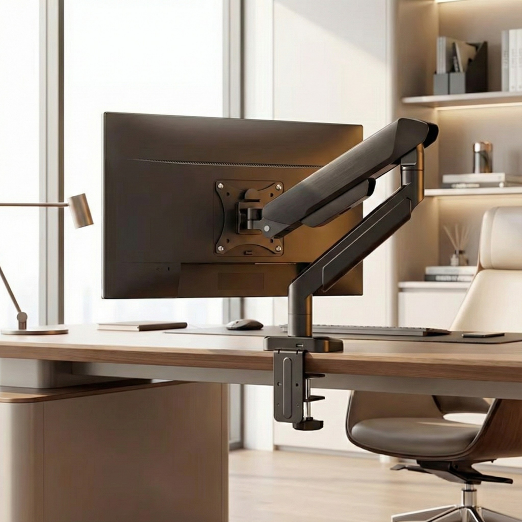 Deskon monitor holder on a desk in a real office, seen from behind