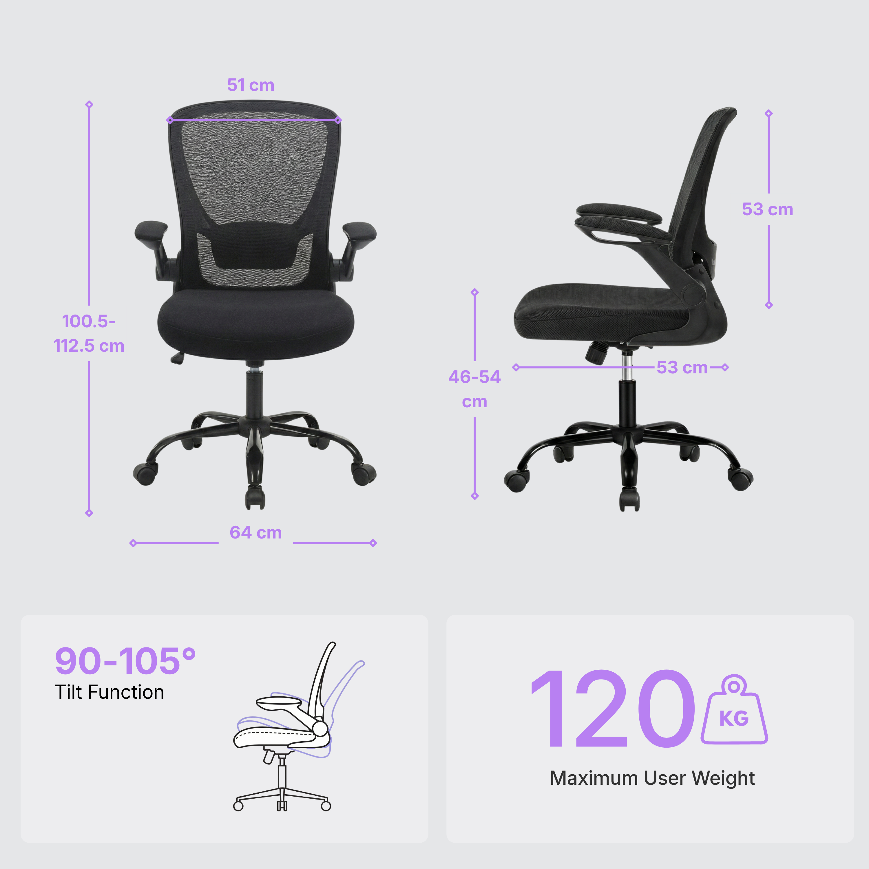 Deskon office chair, information on dimension, user weight, tilt function