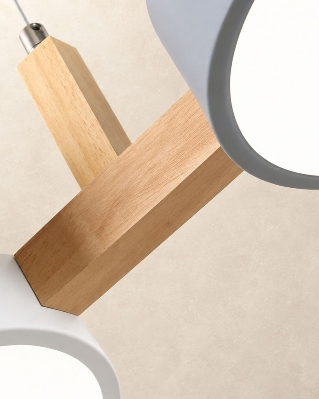 Brant pendant light, three fixtures, close view of the wood frame