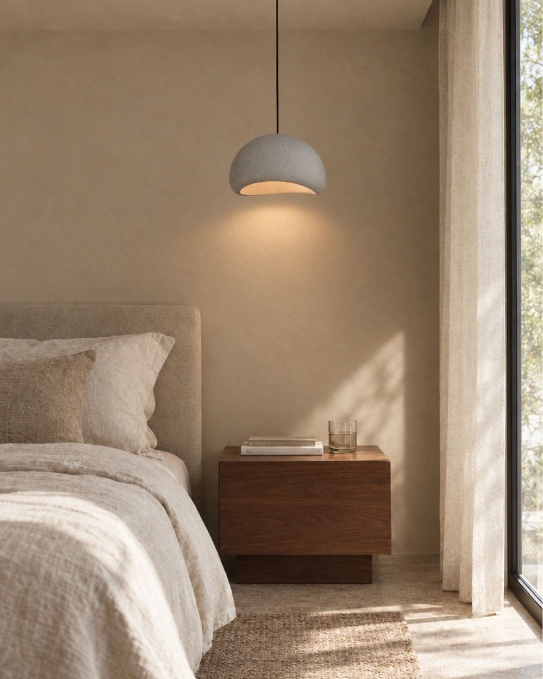 Desna pendant light in grey, rounded silhouette, above a bed and side table in a bedroom