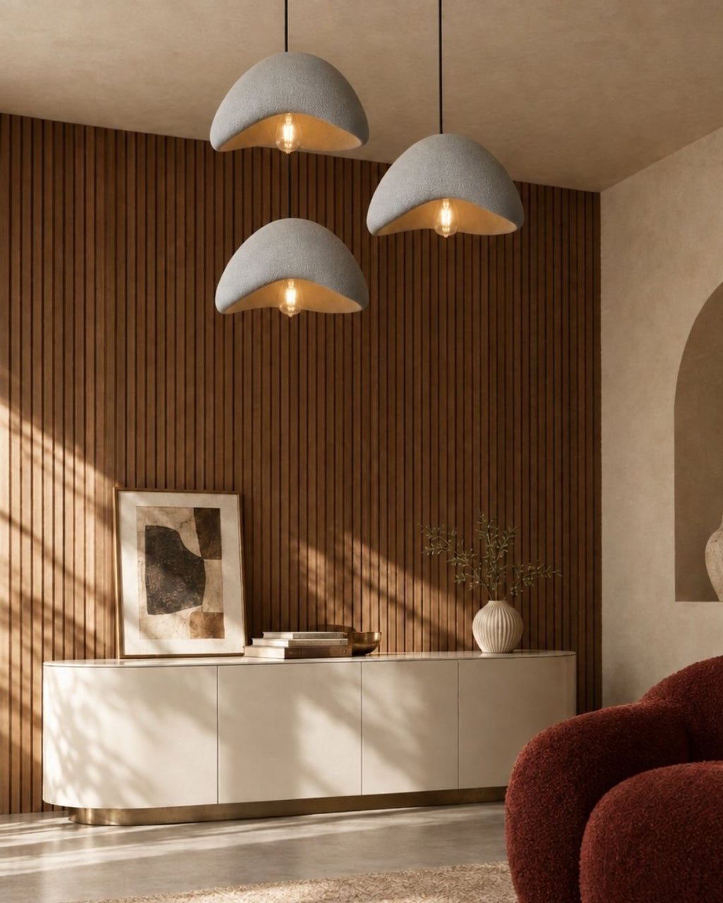 Desna pendant light in grey, wavy silhouette, three fixtures in a luxury living room
