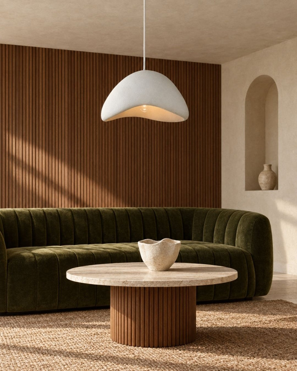 Desna pendant light in white, wavy silhouette, above a sofa and coffee table in a living room