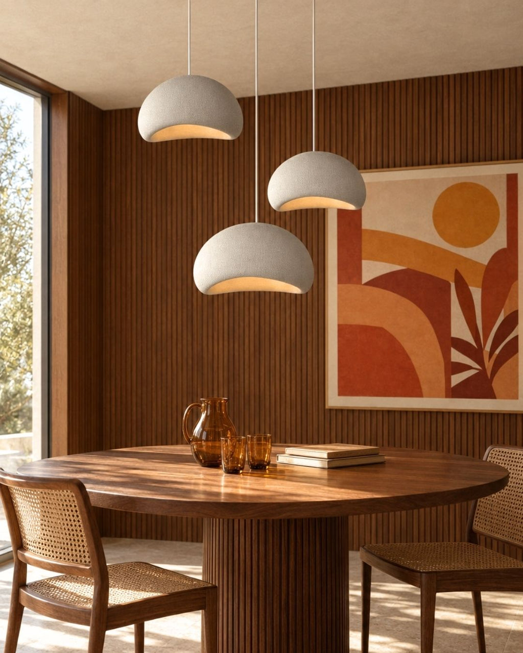 Desna pendant light in white, rounded silhouette, above a wooden table at mealtime