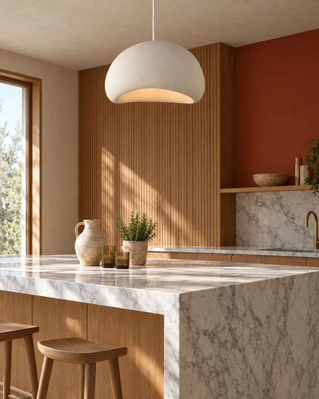 Desna pendant light in white, rounded silhouette, above a kitchen worktop