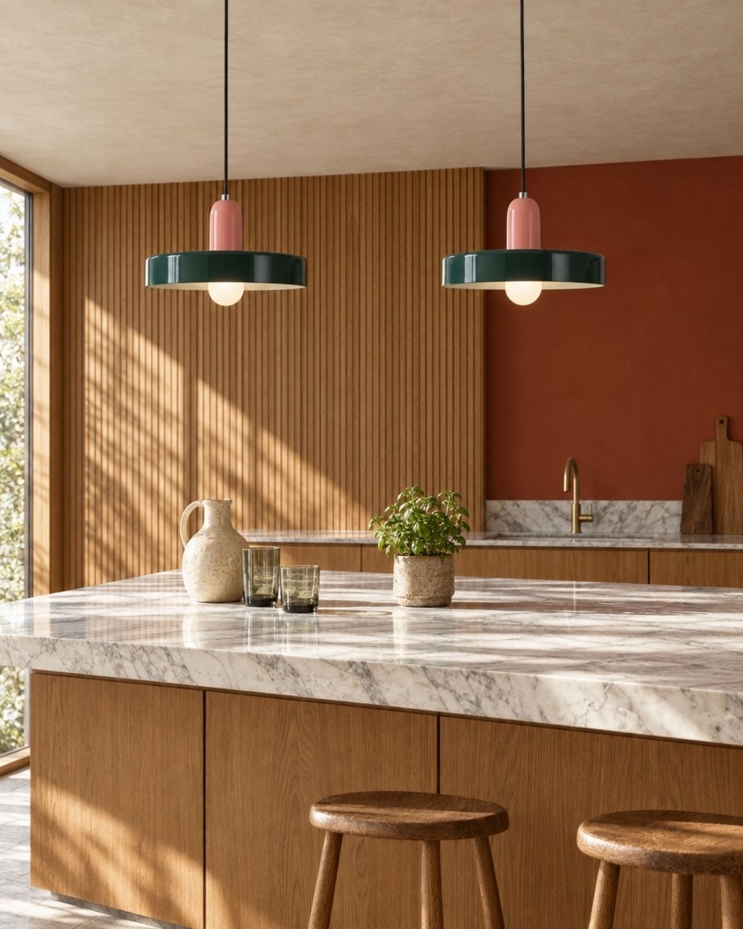 Nyla pendant light in pink and green, two fixtures above a kitchen dining area