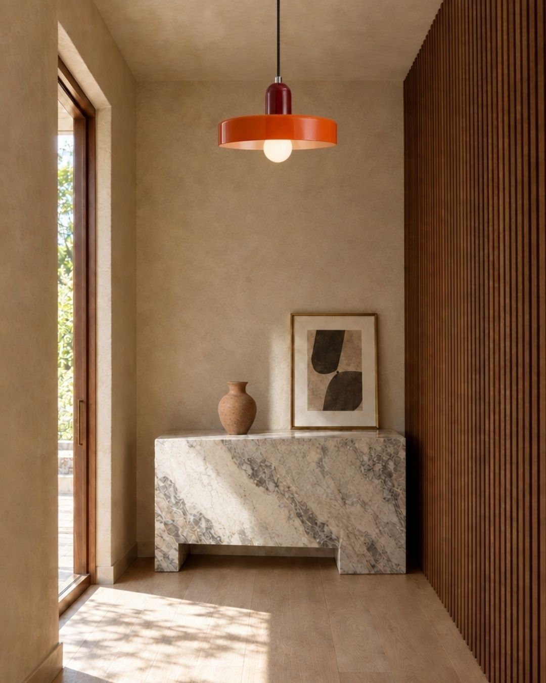 Nyla pendant light in red and orange, hanging in a hallway with marble, artwork and glass