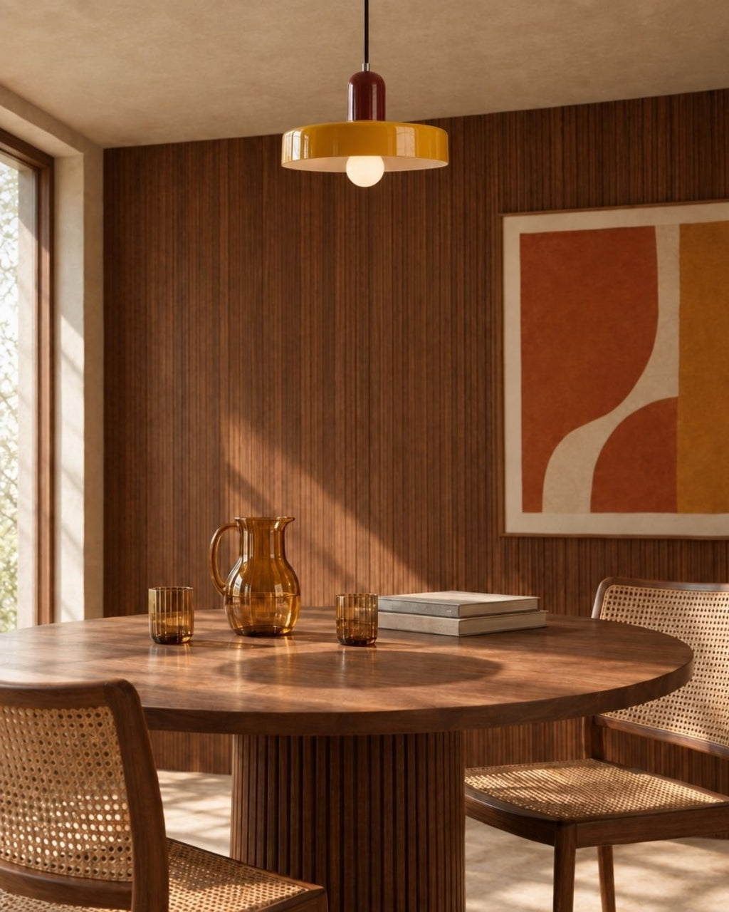 Nyla pendant light in red and yellow, hanging above a wooden dining table with artwork