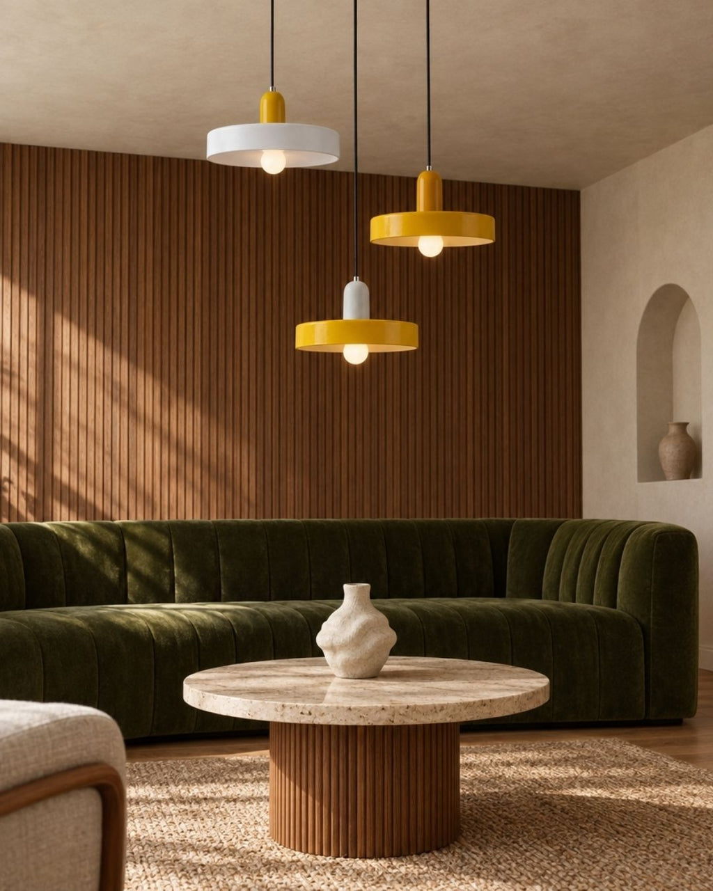 Nyla pendant light in yellow and white, three fixtures above a sofa in a living room