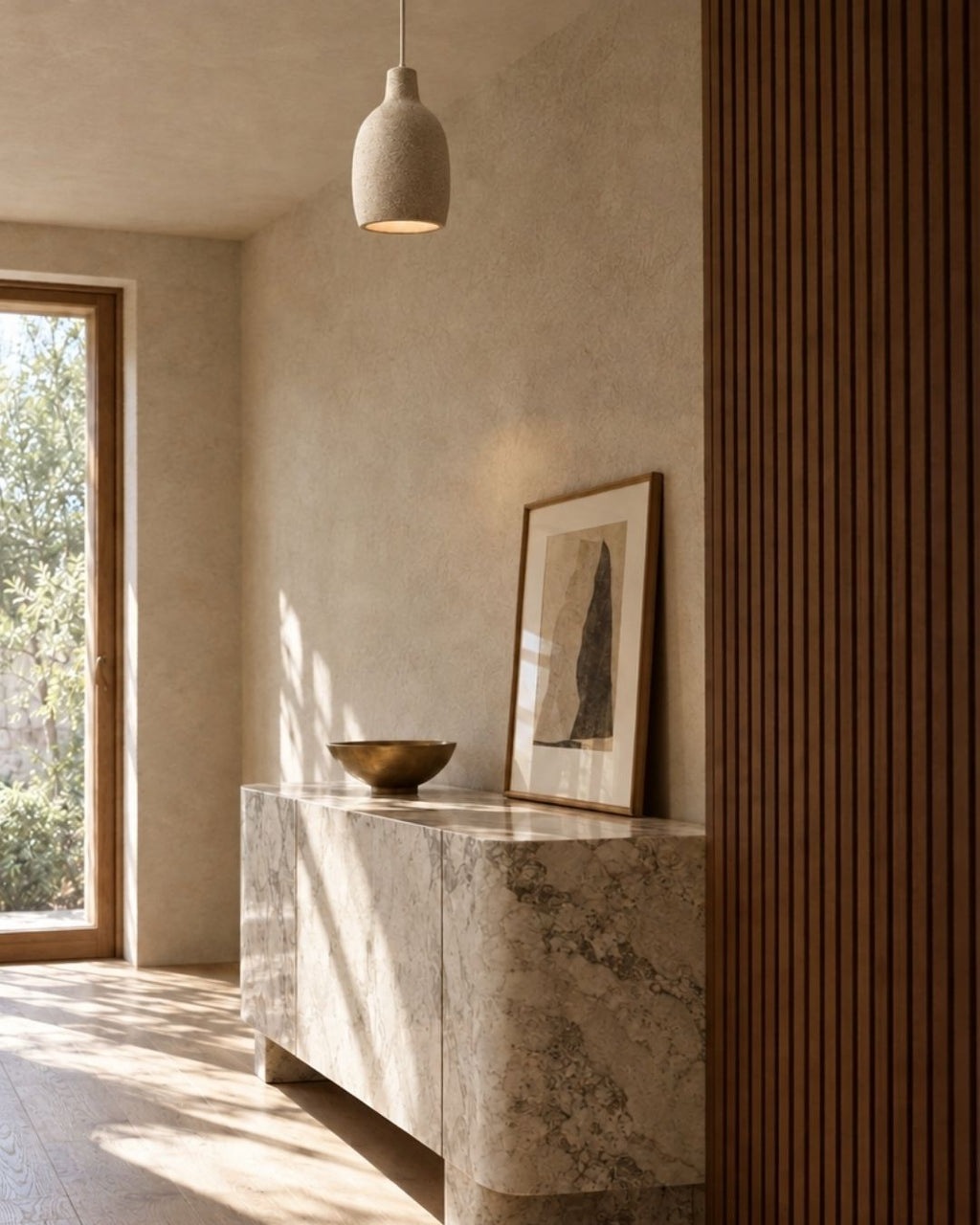 Ovana pendant light, bottle shape, in a hallway with a garden view outside