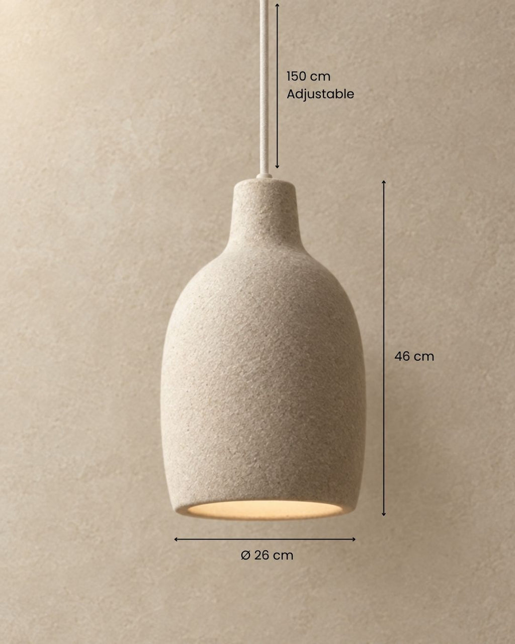 Dimensions of the Ovana pendant light, bottle shape