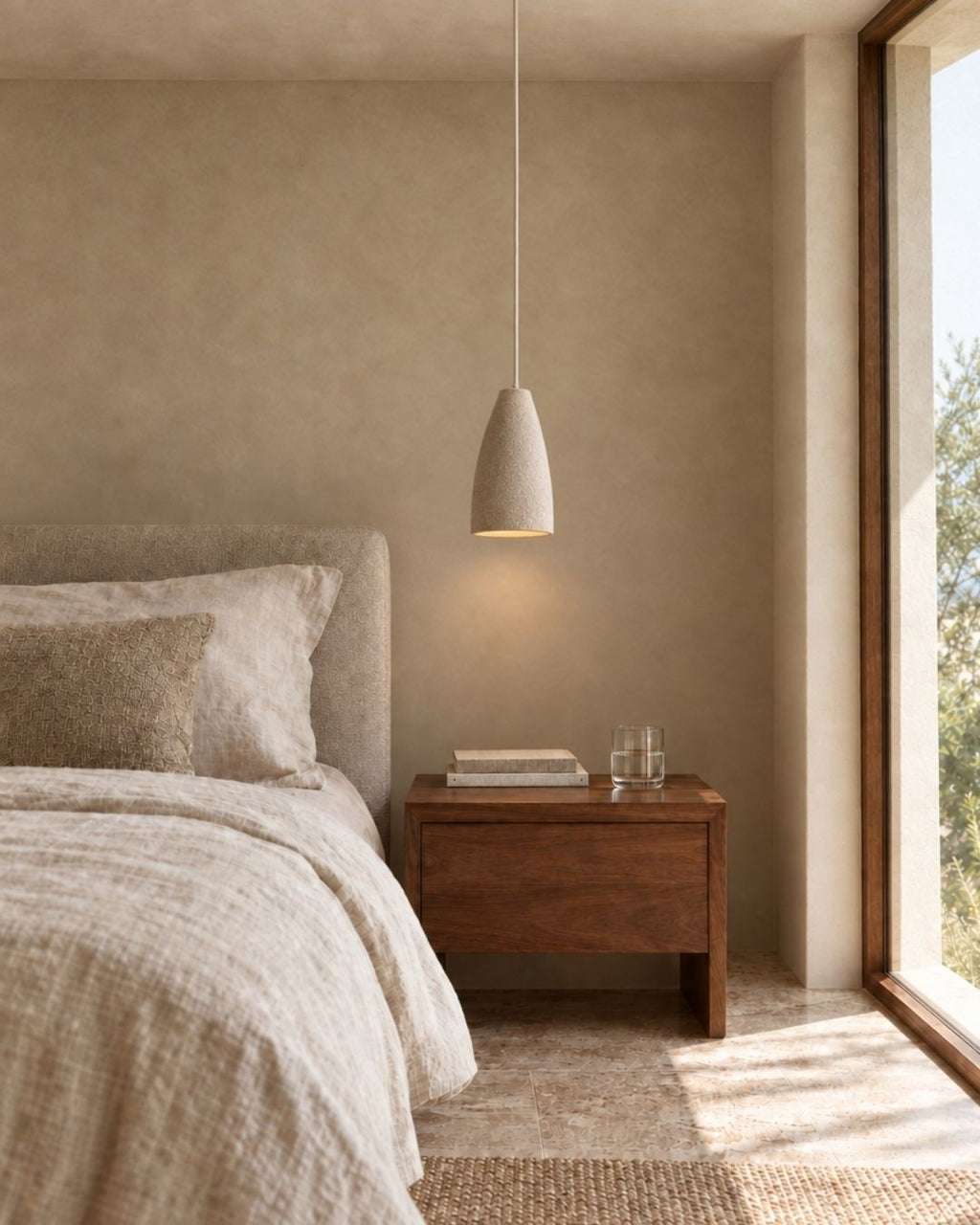 Ovana pendant light, cone shape, above a bed in a bedroom