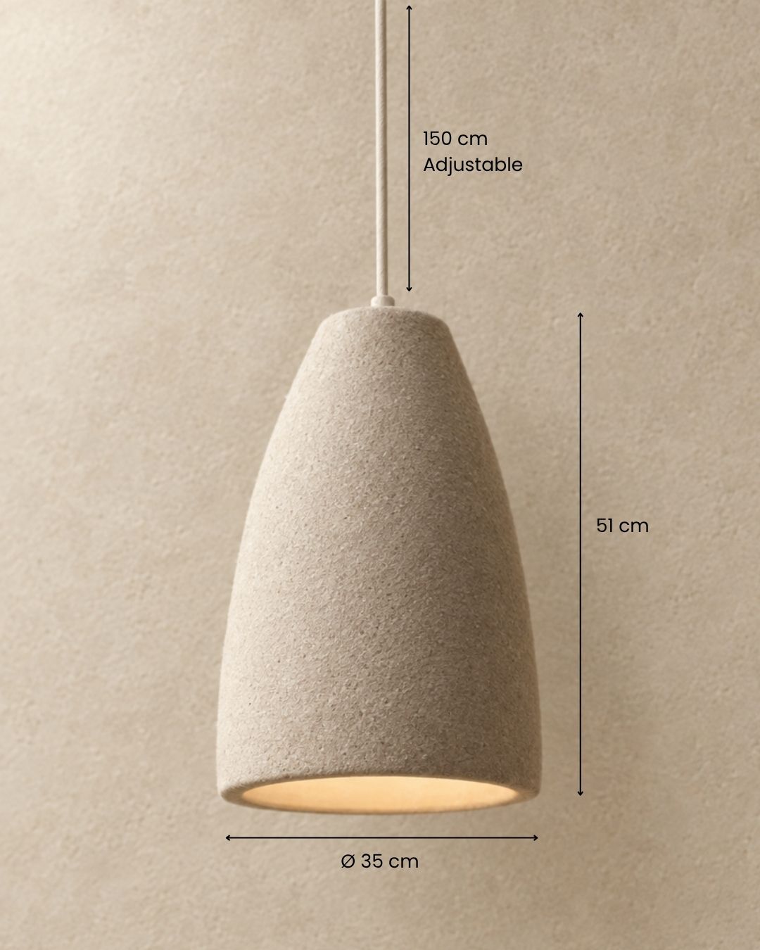 Dimensions of the Ovana pendant light, cone shape
