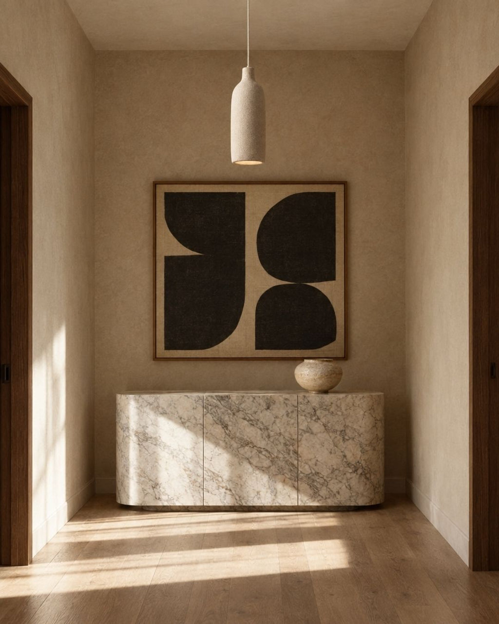 Ovana pendant light, cylinder shape, in a hallway with artwork at home