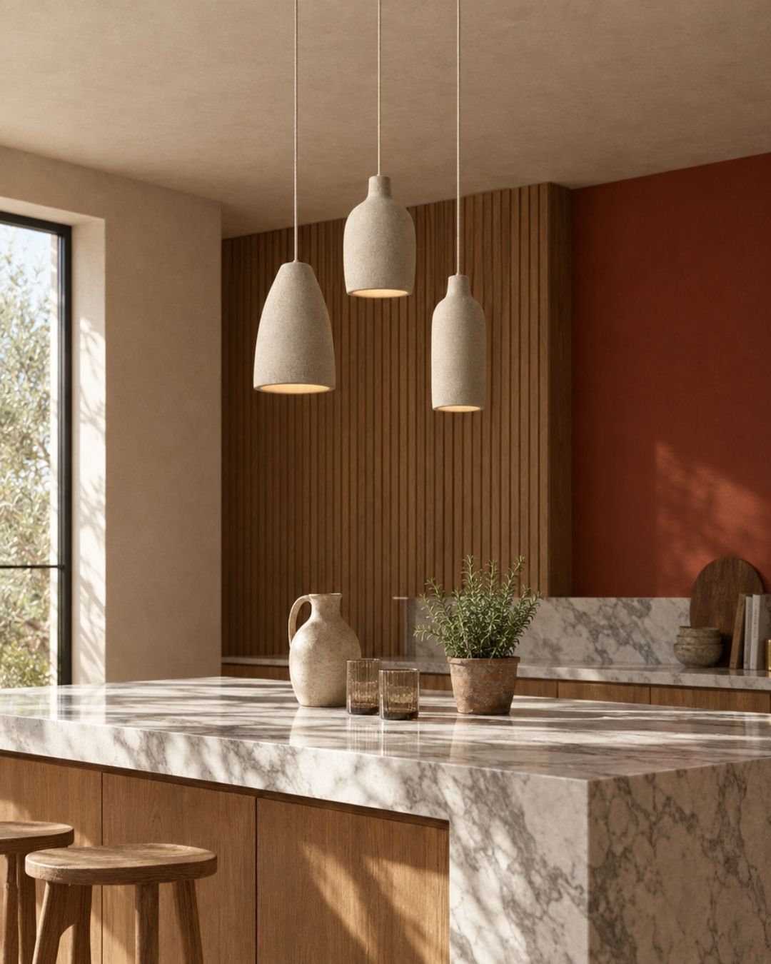 Ovana pendant light in beige, trio above a marble worktop in a kitchen