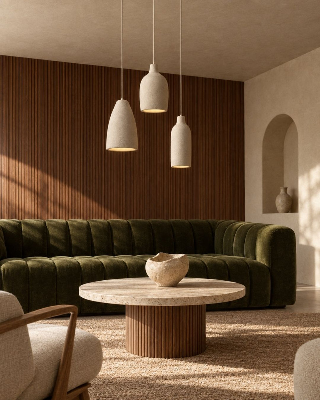 Ovana pendant light in beige, trio above a sofa and coffee table in a modern living room
