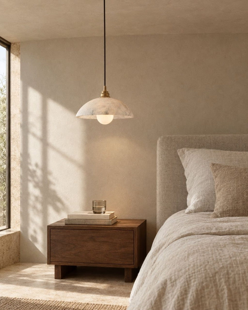 Solvi pendant light in marble and gold, above a bed at home in a bedroom
