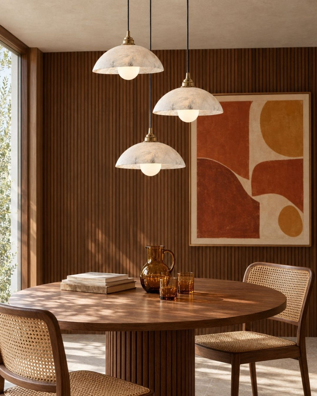 Solvi pendant light in marble and gold, above a wooden dining table