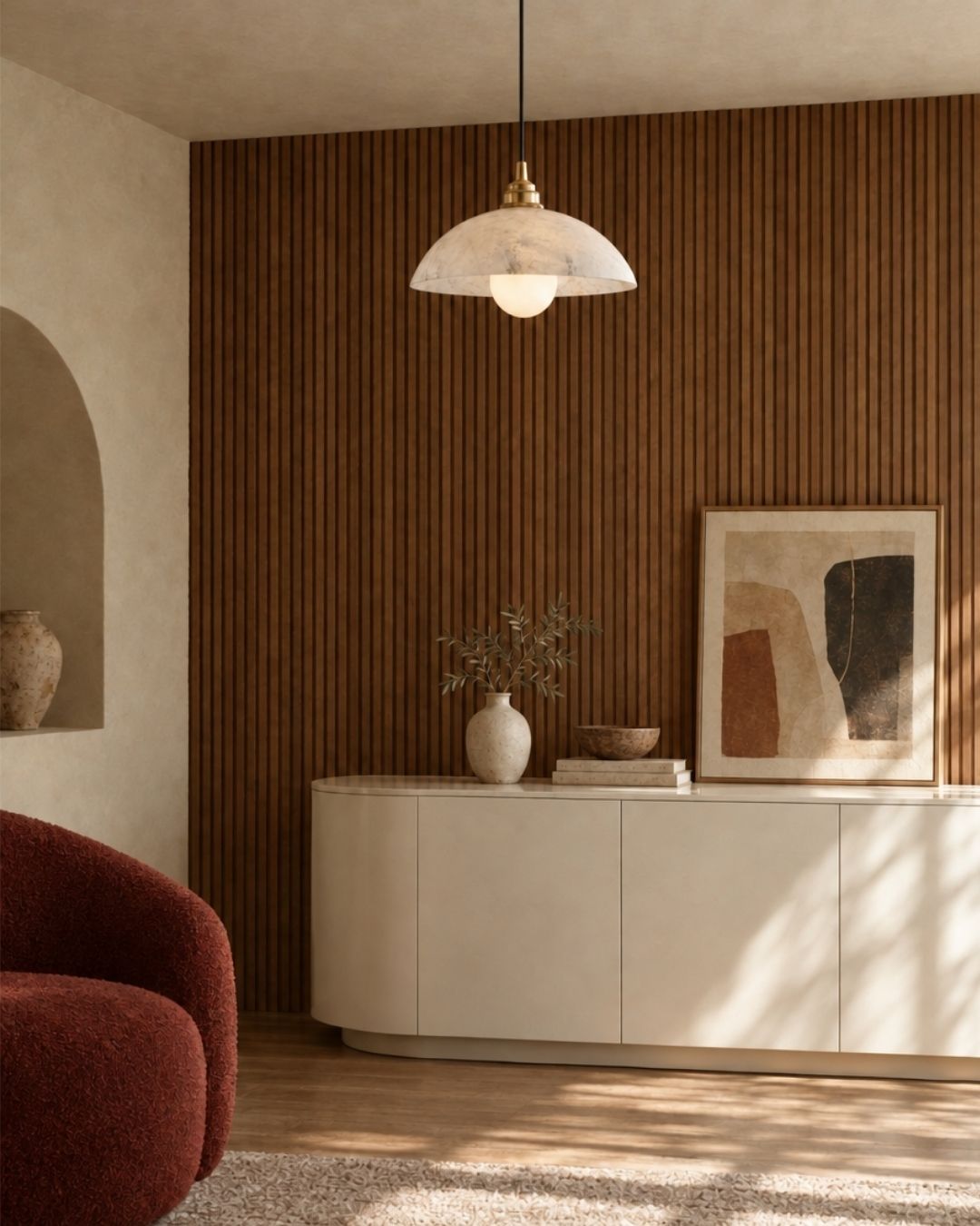 Solvi pendant light in marble and gold, in a modern wood-panelled living room
