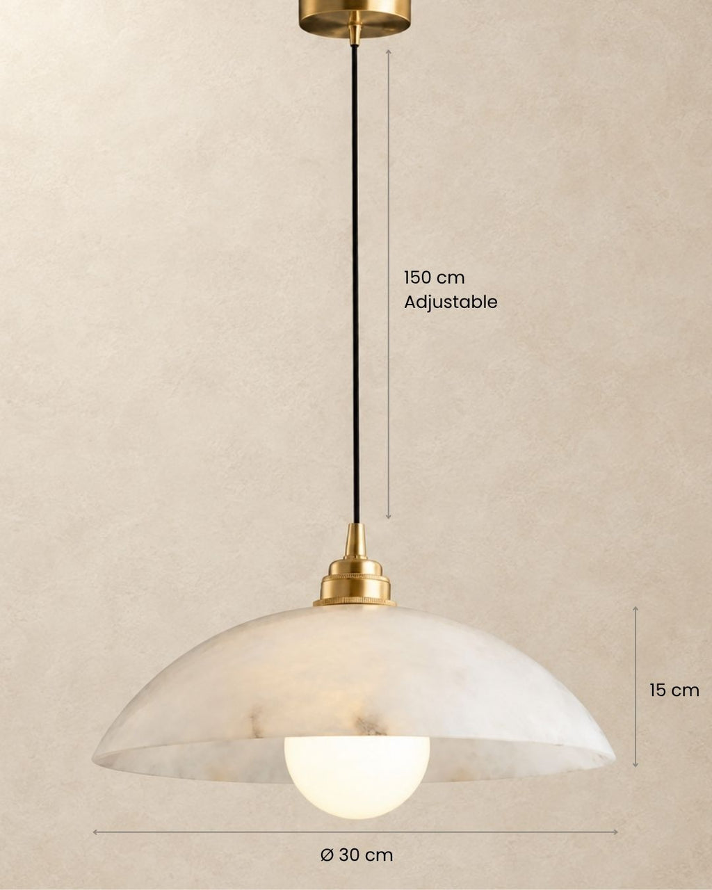 Dimensions of the Solvi pendant light in marble and gold